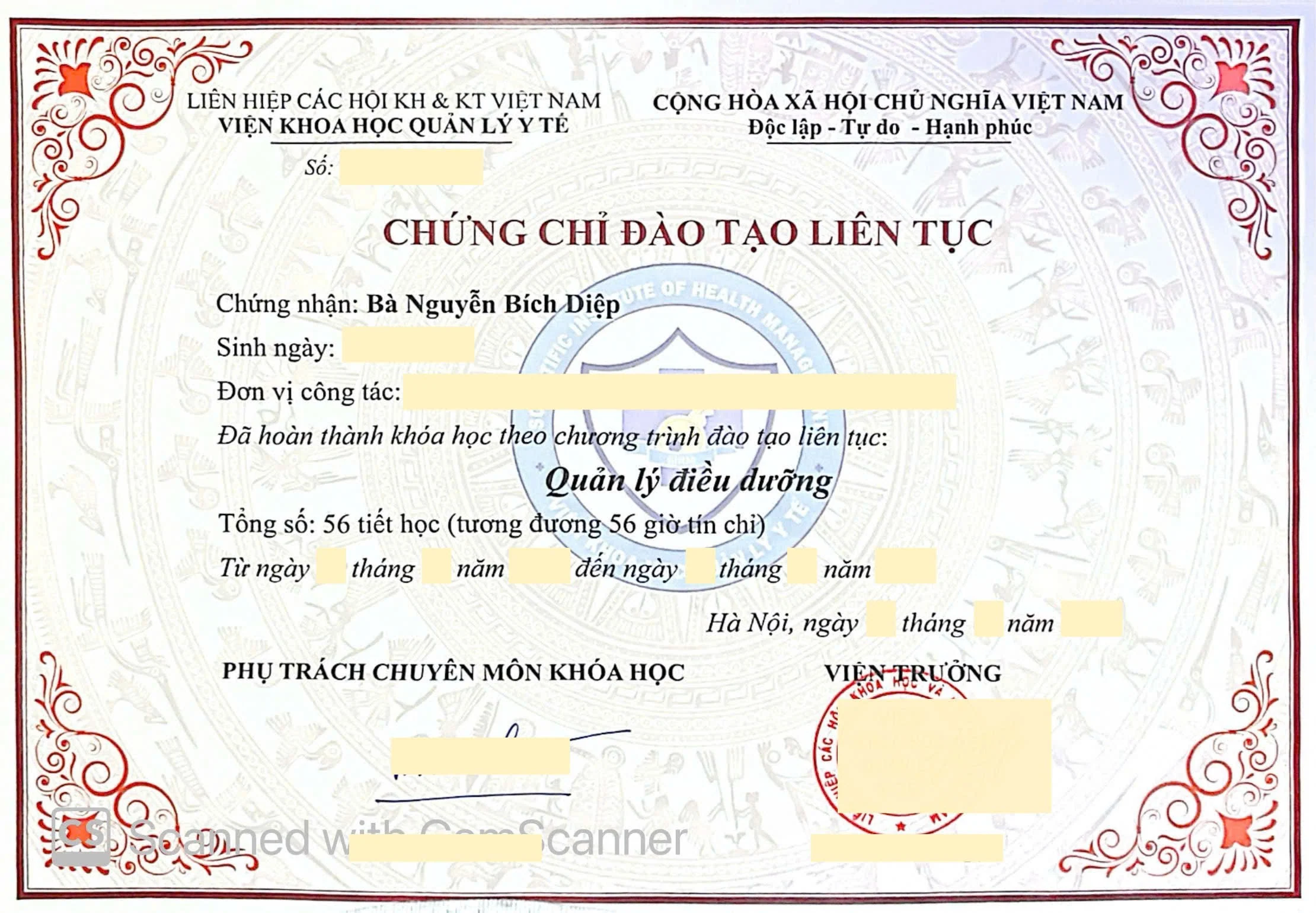 Chứng chỉ đào tạo liên tục Quản lý điều dưỡng - CME 56 Tiết
